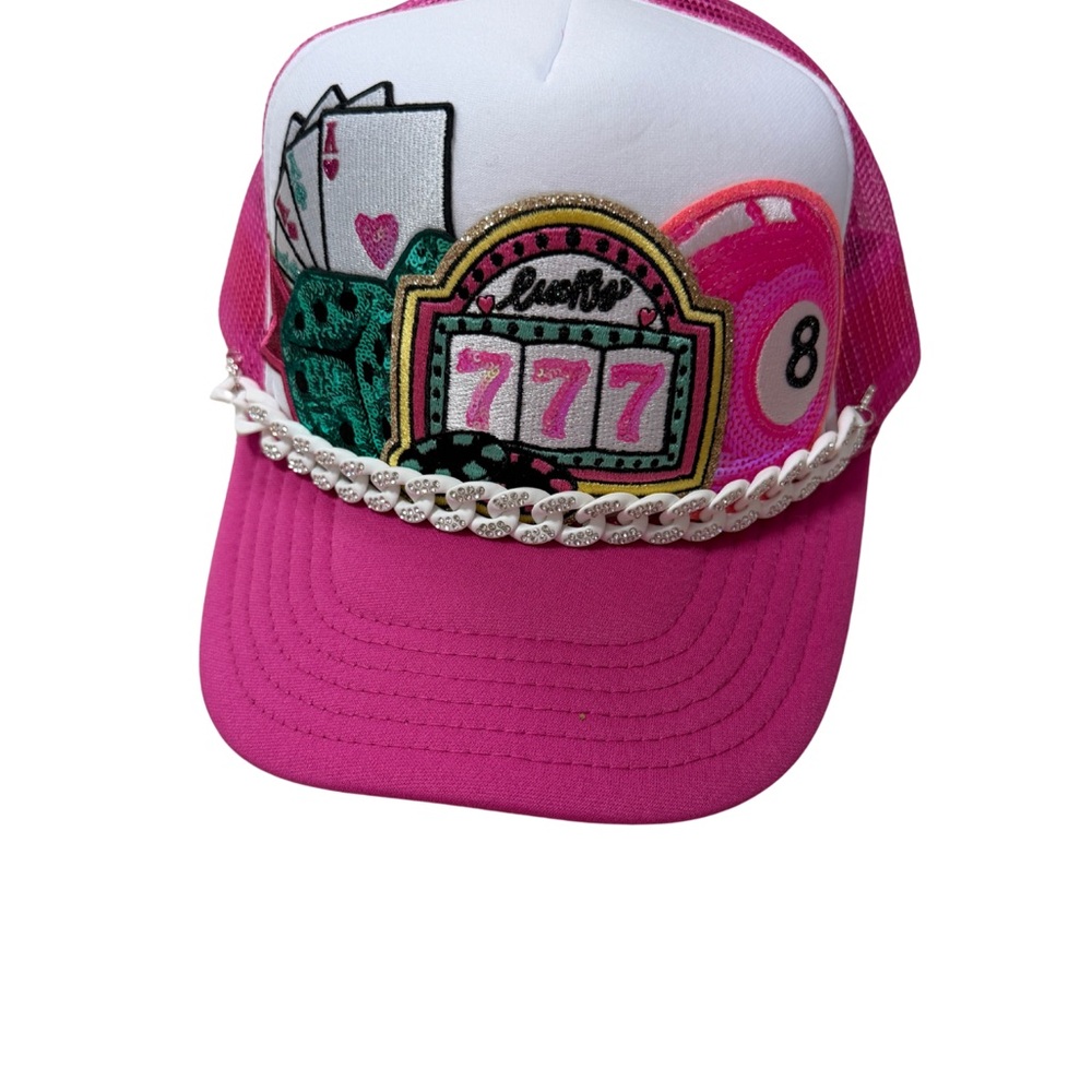 Casino night Vegas lucky trucker hat pink and white